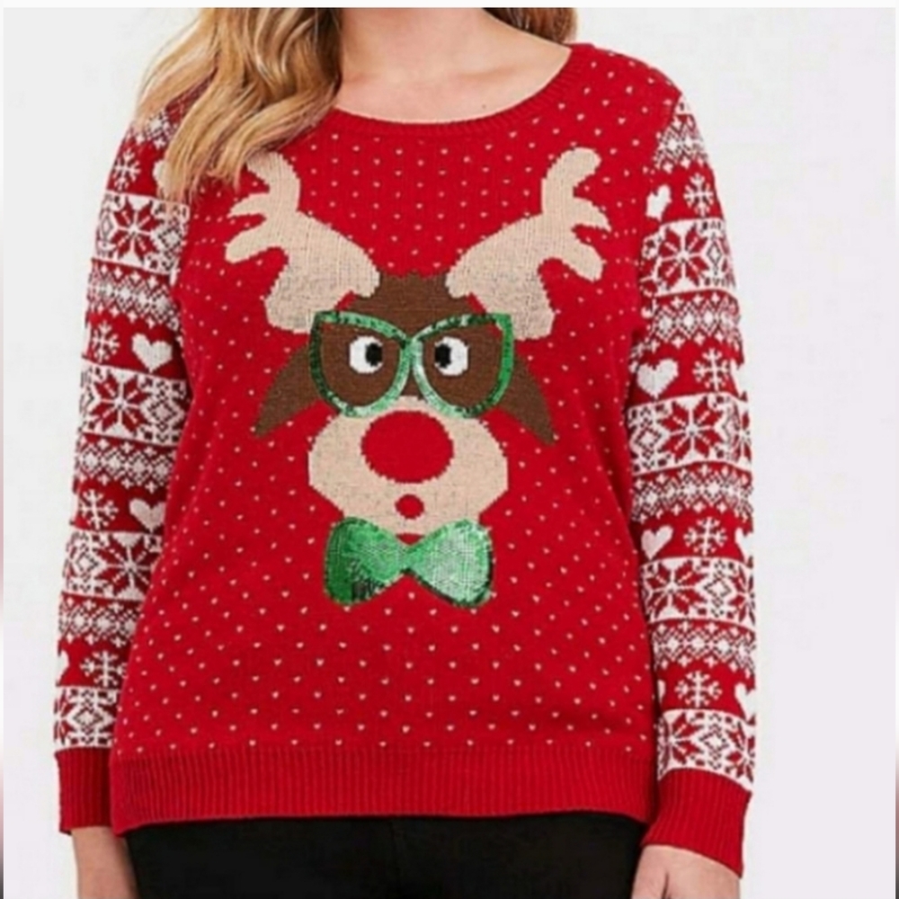 EUC Torrid sz 1 Reindeer with Green sequin holiday sweater